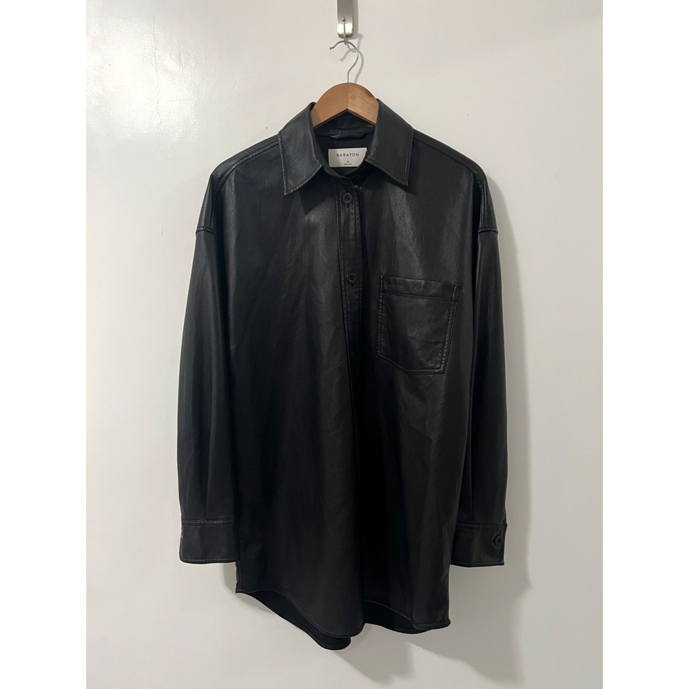 Babaton Vegan Leather Shirt Jacket‎ Black Button Down Long Sleeve Oversized